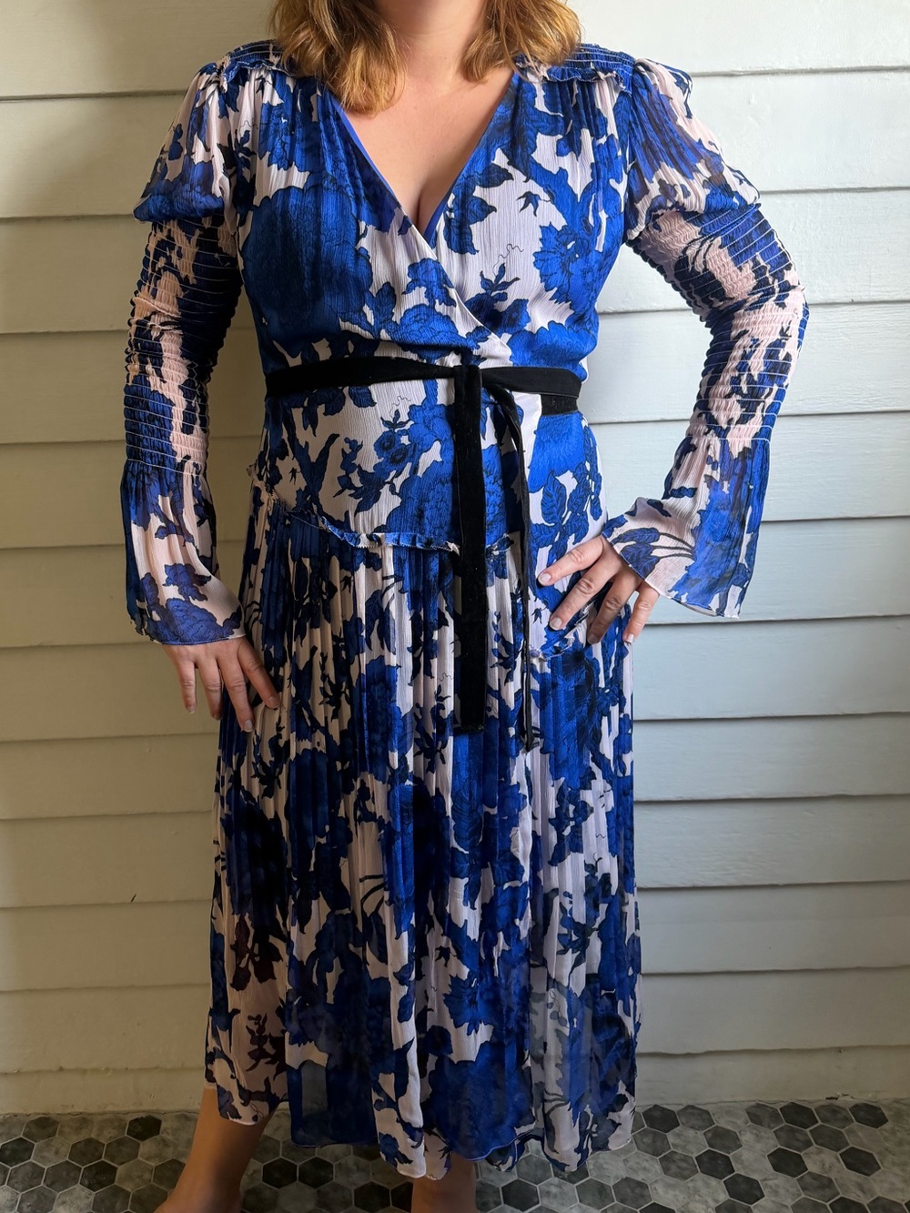 DVF Blue Floral Wrap Dress with Black Velvet Tie